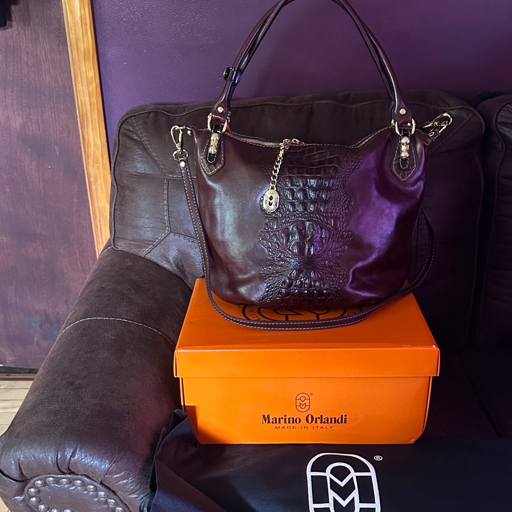 Marino Orlandi Luxurious Dark Chocolate brown Shoulder Bag with Gold hardware.